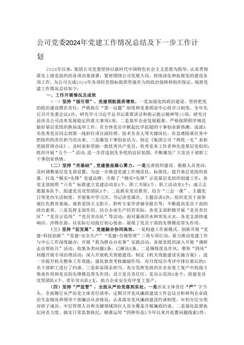 公司党委2024年党建工作情况总结及下一步工作计划.docx