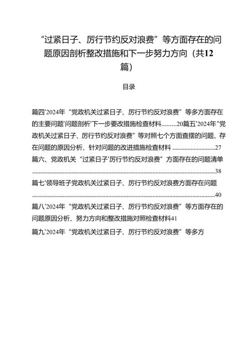 “过紧日子、厉行节约反对浪费”等方面存在的问题原因剖析整改措施和下一步努力方向12篇（详细版）.docx