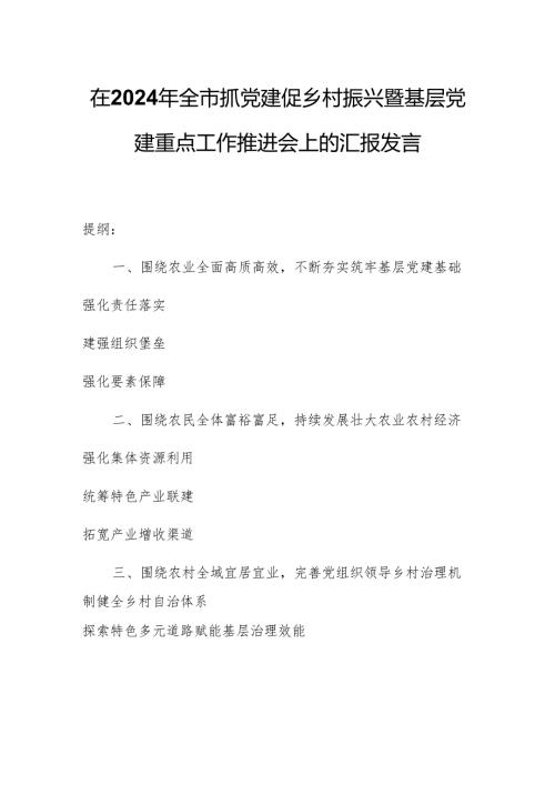 在2024年全市抓党建促乡村振兴暨基层党建重点工作推进会上的汇报发言.docx