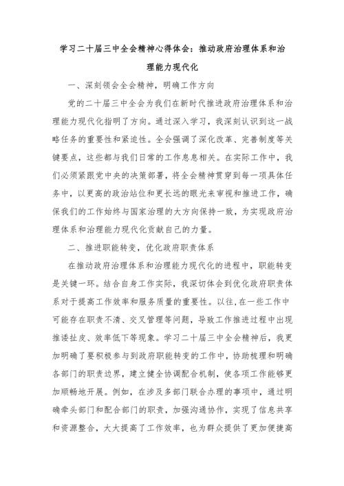 学习二十届三中全会精神心得体会：推动政府治理体系和治理能力现代化.docx