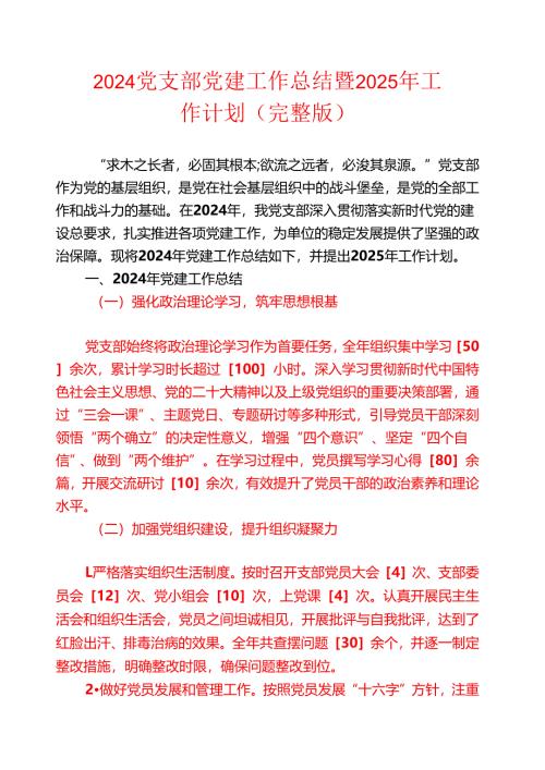 2024党支部党建工作总结暨2025年工作计划（完整版）.docx
