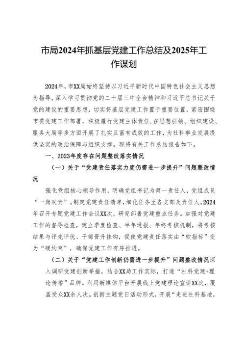 市局2024年抓基层党建工作总结及2025年工作谋划.docx