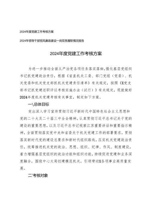 2024年度党建工作考核方案+领导干部党风廉政建设一岗双责履职情况报告.docx