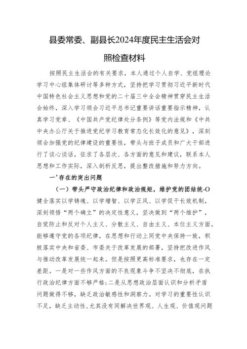 县委常委、副县长2024年度民主生活会对照检查材料 四个带头.docx