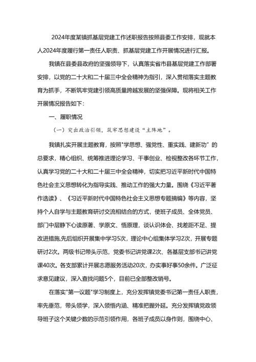 2024年度某镇抓基层党建工作述职报告.docx