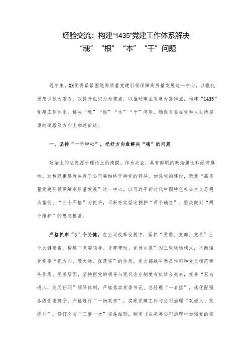 经验交流：构建“1435”党建工作体系 解决“魂”“根”“本”“干”问题.docx