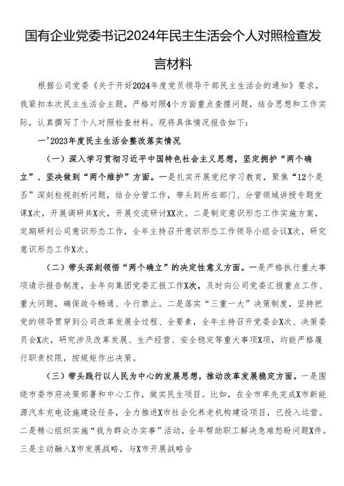 国有企业党委书记2024年民主生活会个人对照检查发言材料.docx