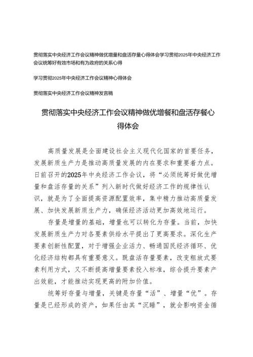 2024-2025年落实中央经济工作会议精神心得体会发言稿（做优增量和盘活存量）.docx