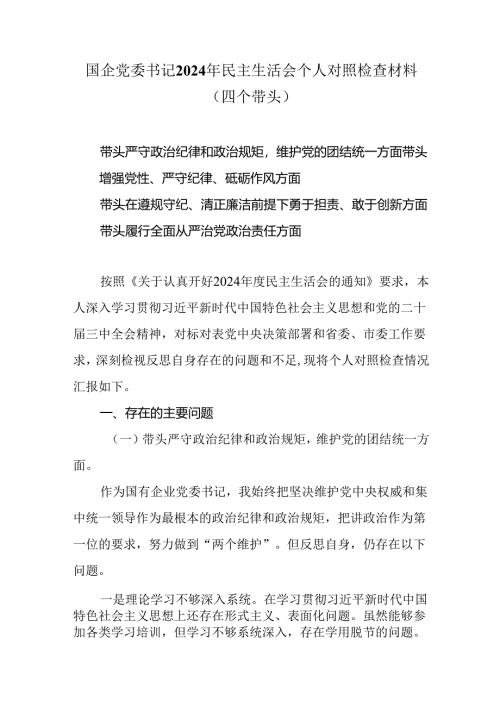 国企党委书记2025民主生活会个人对照检查材料（四个带头）.docx