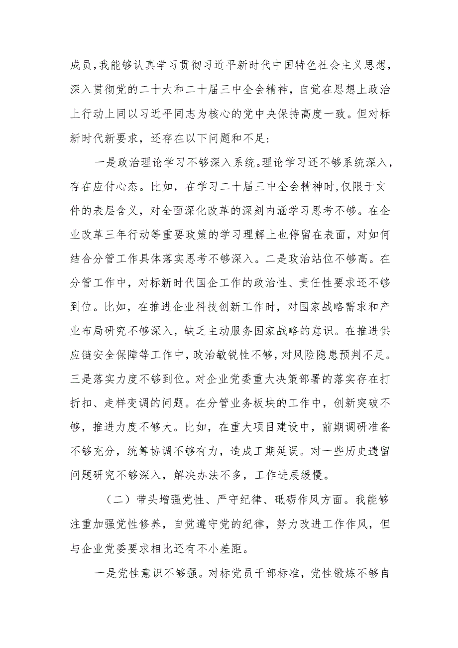 公司副总经理2024年度民主生活会个人(四个带头)对照检查材料.docx_第3页