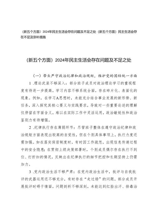 （新五个方面）2024年民主生活会存在问题及不足之处、弥补措施.docx