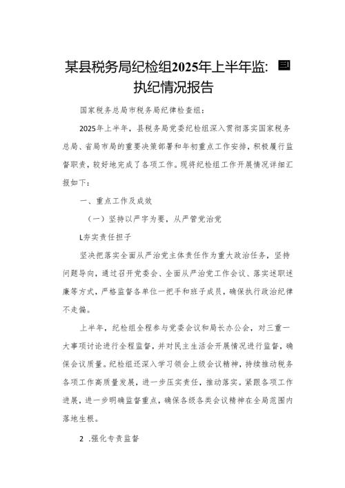 某县税务局纪检组2025年上半年监督执纪情况报告.docx