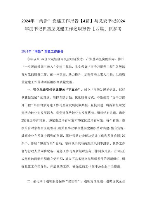 2024年“两新”党建工作报告【4篇】与党委书记2024年度书记抓基层党建工作述职报告[四篇]供参考.docx