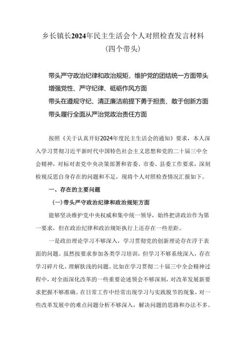 乡长镇长2025民主生活会个人对照检查发言材料（四个带头）.docx