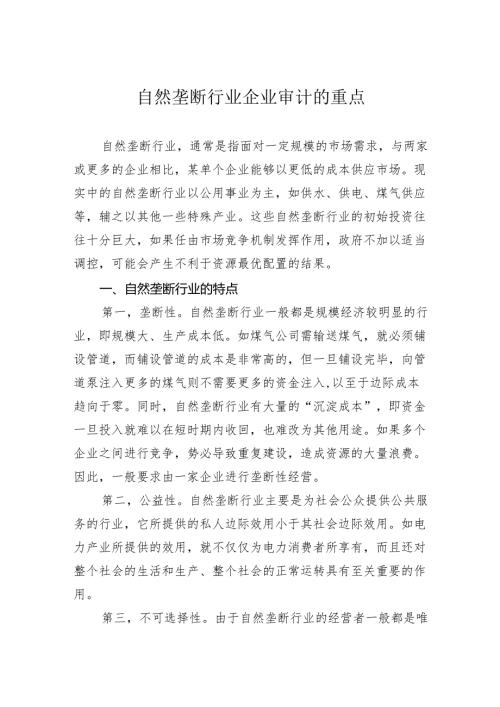 自然垄断行业企业审计的重点.docx