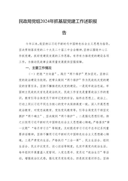 民政局党组2024年抓基层党建工作述职报告.docx