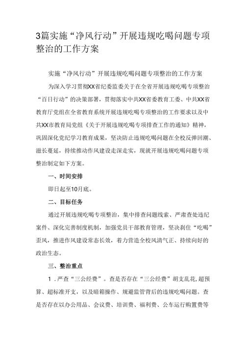 3篇实施“净风行动”开展违规吃喝问题专项整治的工作方案.docx