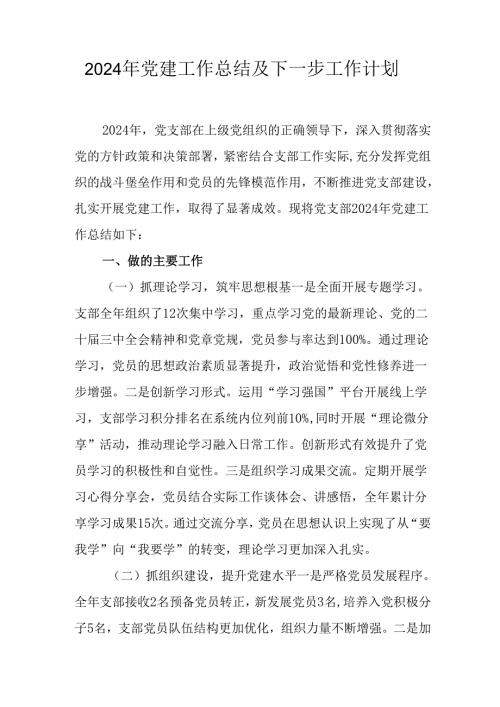 2024年公司党建工作总结及下一步工作打算.docx