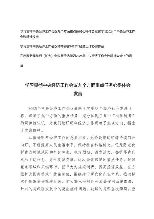 学习2024中央经济工作会议九个方面重点任务心得体会发言学习2024年中央经济工作会议精神发言4篇.docx