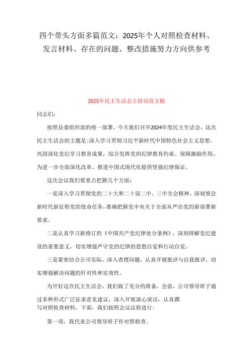 四个带头方面多篇范文：2025年个人对照检查材料、发言材料、存在的问题、整改措施努力方向供参考.docx