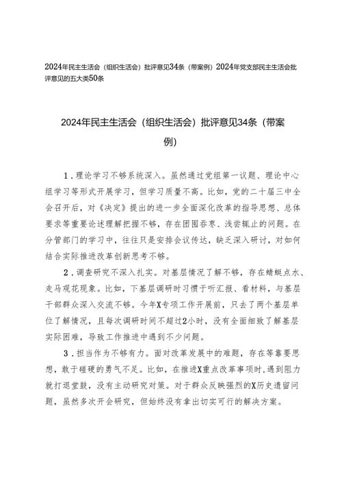 2024年民主生活会（组织生活会）批评意见34条（带案例）+2024年党支部民主生活会批评意见的五大类50条.docx
