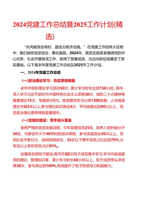 2024党建工作总结暨2025工作计划（精选）.docx