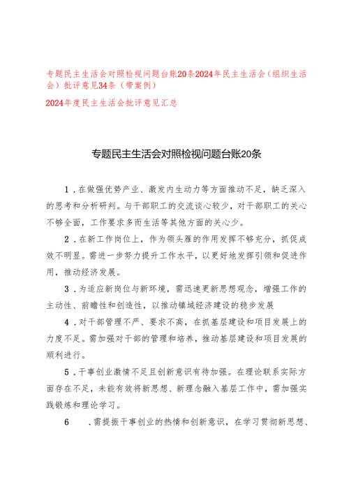 2024-2025年专题民主生活会对照检视问题台账20条+民主生活会（组织生活会）批评意见34条（带案例）+民主生活会批评意见汇总.docx