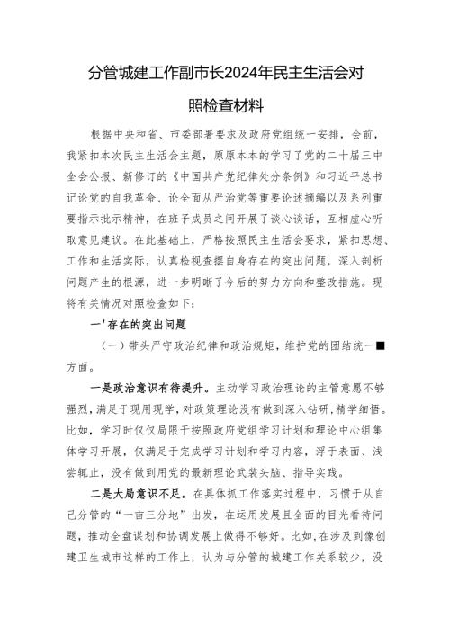 分管城建工作副市长2024年民主生活会对照检查材料 （四个带头）.docx