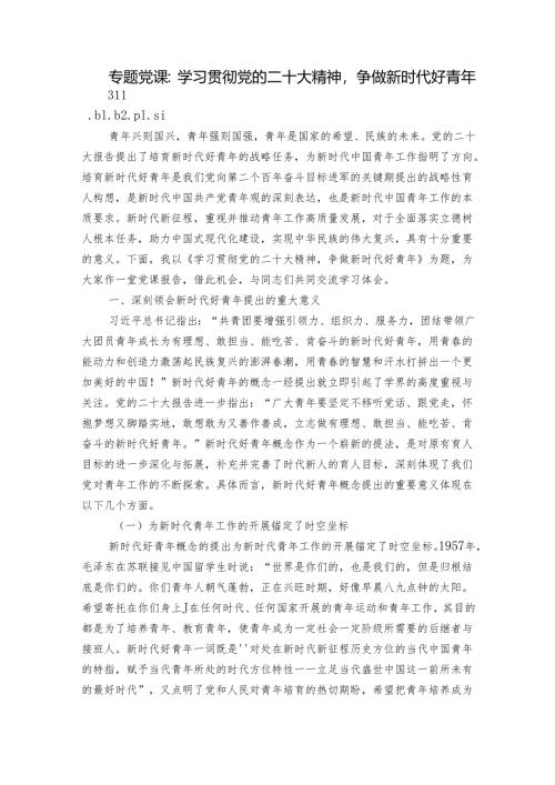 专题党课：学习贯彻党的二十大精神争做新时代好青年.docx