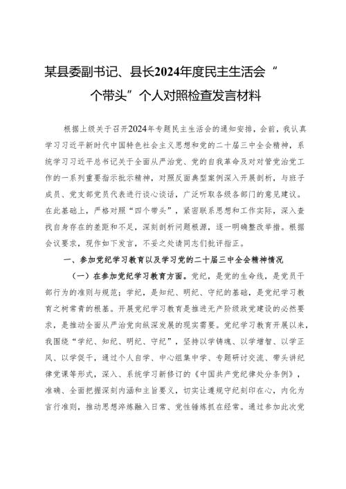 某县委副书记、县长2024年度民主生活会“四个带头”个人对照检查发言材料.docx