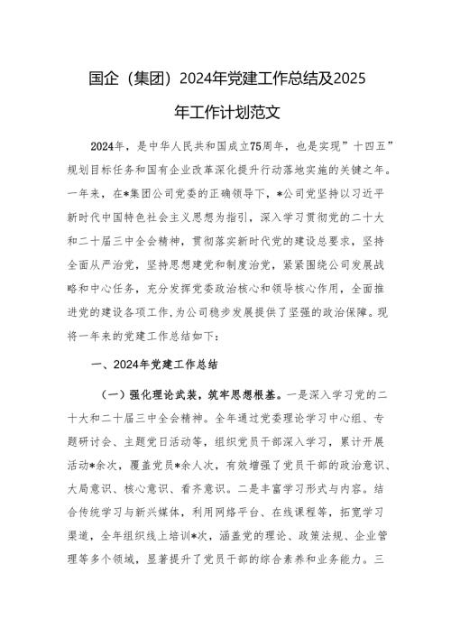 国企（集团）2024年党建工作总结及2025年工作计划范文.docx