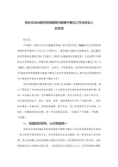 （8篇）2024院长在医药领域腐败问题集中整治工作动员会上的讲话汇编.docx