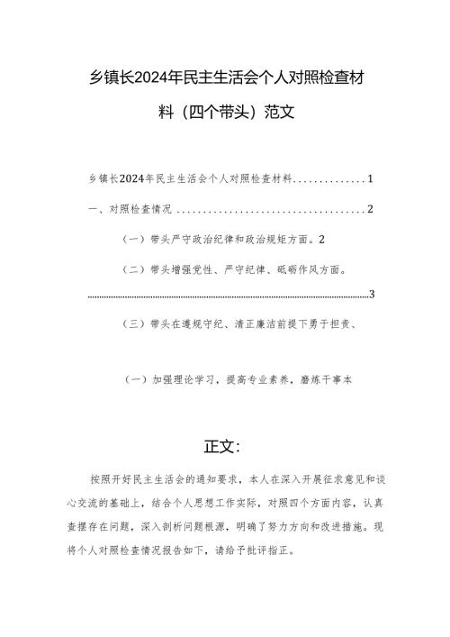 乡镇长2024年民主生活会个人对照检查材料（四个带头）范文.docx
