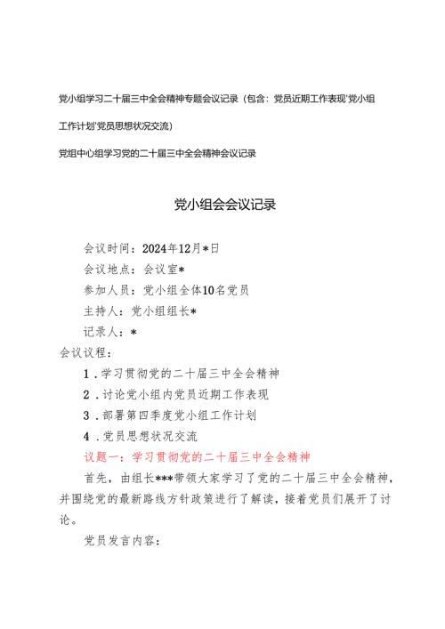2024-2025年党小组学习二十届三中全会精神专题会议记录（包含：党员近期工作表现、党小组工作计划、党员思想状况交流）.docx