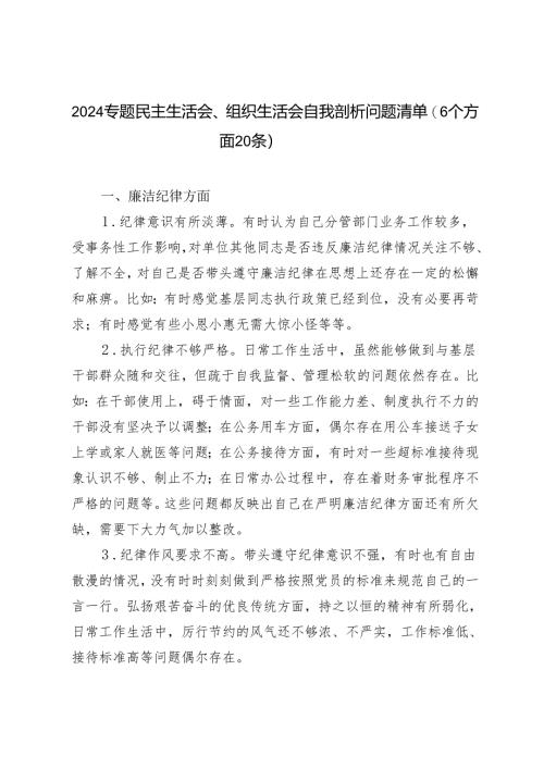 2024年专题民主生活会、组织生活会自我剖析问题清单（6个方面）20条.docx