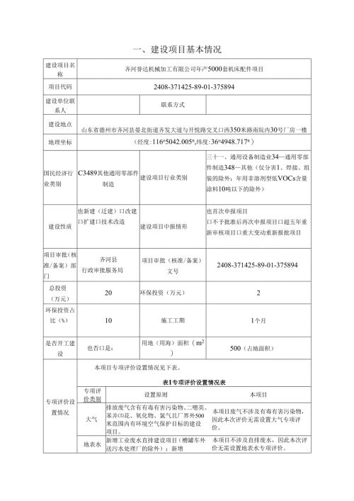 年产5000套机床配件项目环评报告表.docx