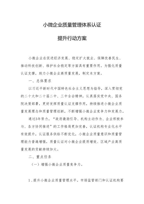 《小微企业质量管理体系认证提升行动方案》（2024）.docx