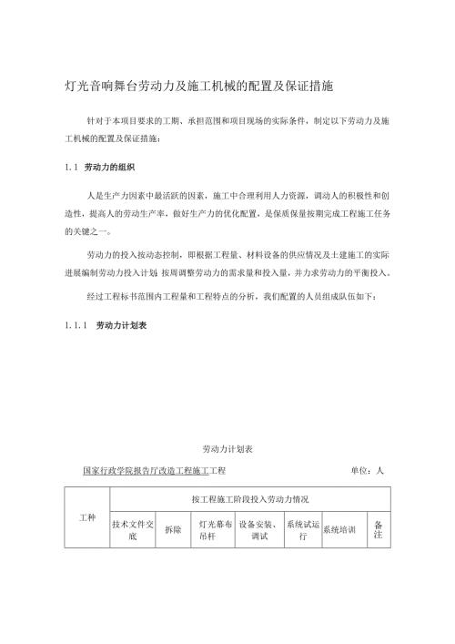 灯光音响舞台劳动力及施工机械的配置及保证措施.docx