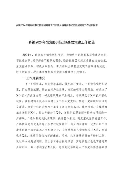 乡镇2024年党组织书记抓基层党建工作报告+乡镇党委书记抓基层党建工作述职报告.docx
