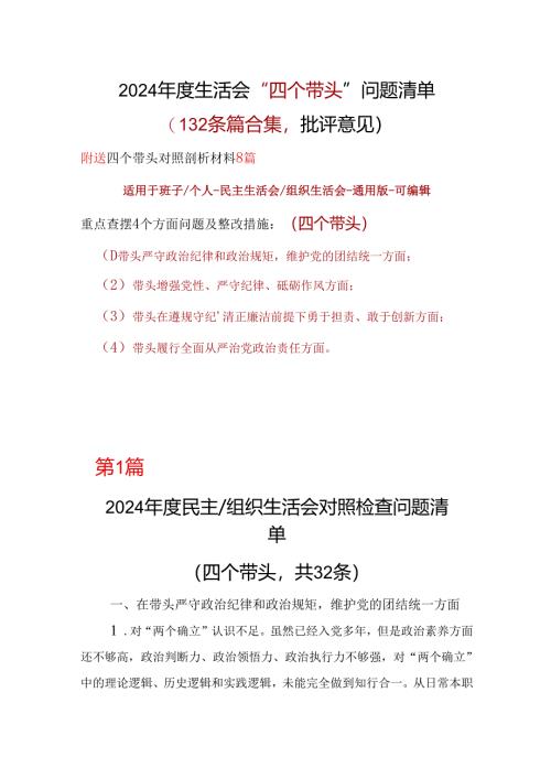 班子2025年民主生活会批评意见问题清单10个.docx