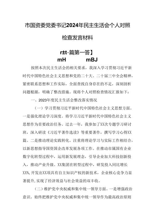 （2篇）市国资委党委书记2024年民主生活会个人对照检查发言材料.docx
