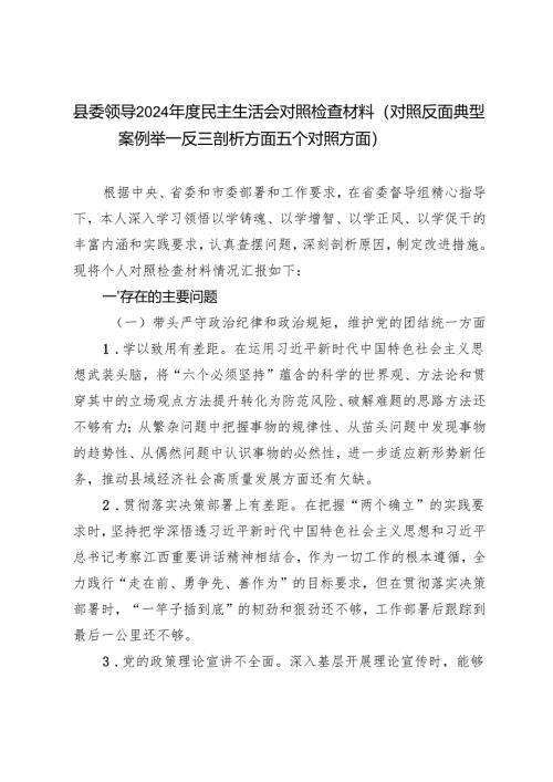 县委领导2024-2025年度民主生活会对照检查材料.docx