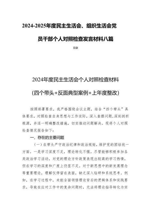 2024-2025年度民主生活、组织生活党员干部个人检查发言材料八篇.docx