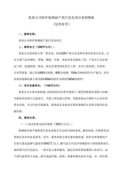 某某公司转炉炼钢副产蒸汽发电项目案例模板（2012年）.docx