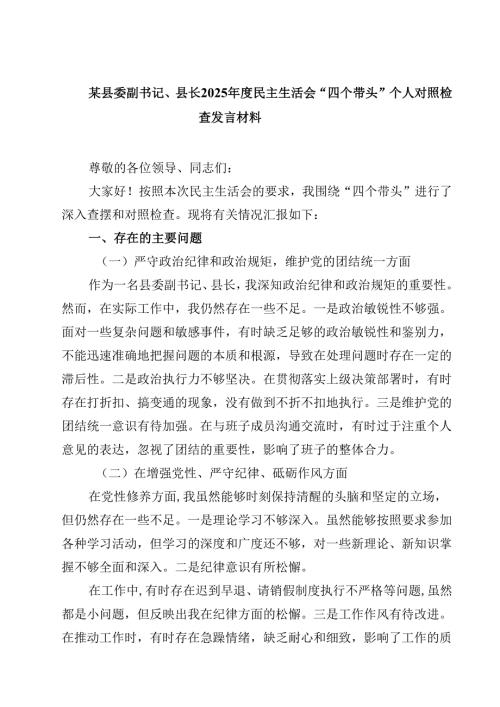 某县委副书记、县长2025年度民主生活会“四个带头”个人对照检查发言材料（合计四份）.docx