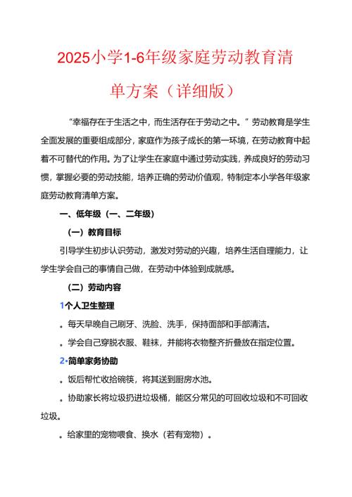 2025小学1-6年级家庭劳动教育清单方案（详细版）.docx