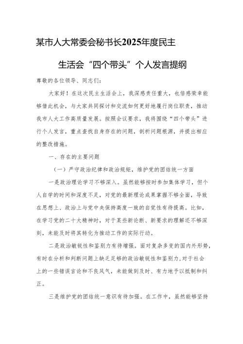 某市人大常委会秘书长2025年度民主生活会“四个带头”个人发言提纲.docx