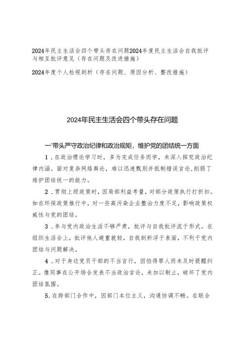 2024年民主生活会四个带头存在问题+2024年度个人检视剖析.docx