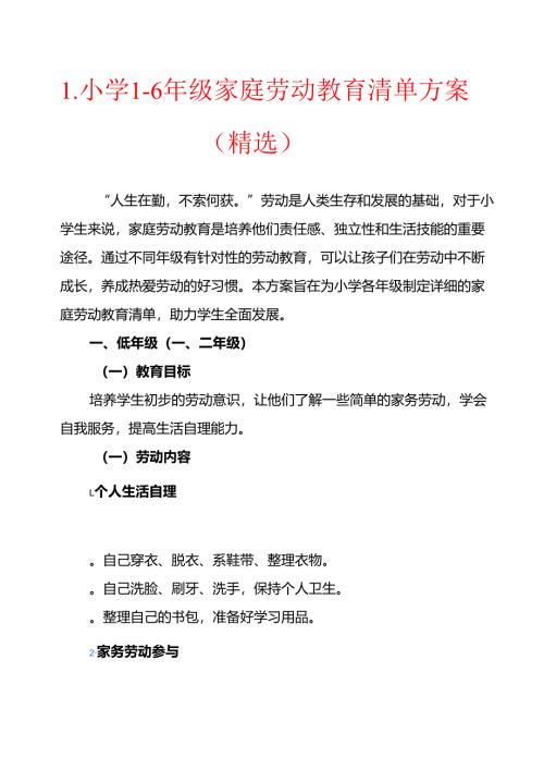 1.小学1-6年级家庭劳动教育清单方案（精选）.docx