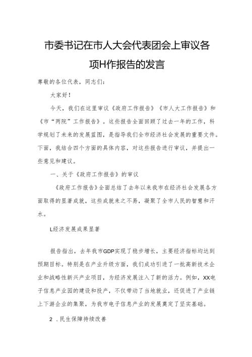 市委书记在市人大会代表团会上审议各项工作报告的发言.docx